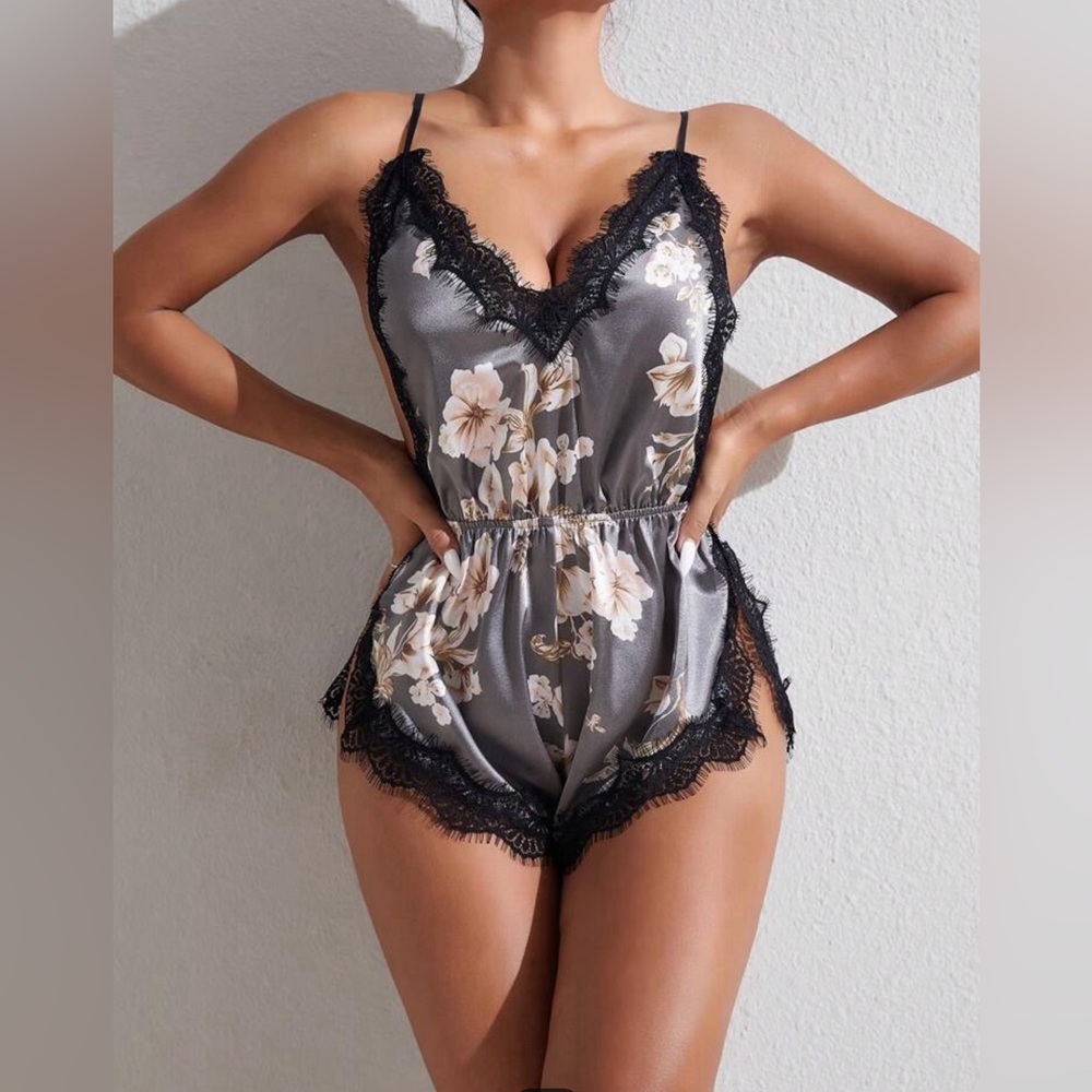 Floral Lace Trim Satin Romper Pajama - Black/Gray
